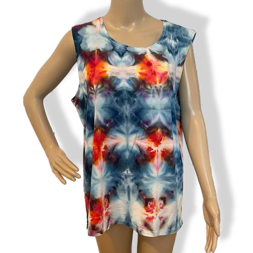 handmade tie dyed ladies tshirt shibori argyle tank XL blue